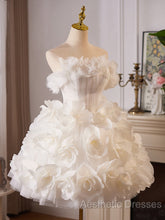 White Tulle Flower Ball Gown Short Evening Prom Dresses, Cute Sweet 16 Dresses